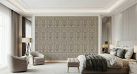 Guest room softened by Mughal Bloom Arches wall mural and pale floral framing details