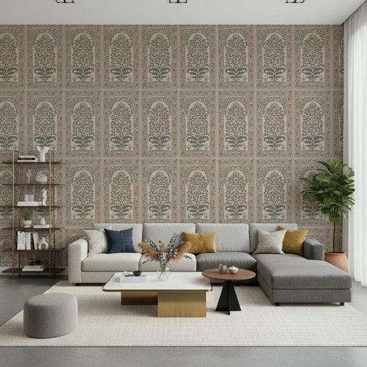 Living room finished with Mughal Bloom Arches wall mural in soft floral arch panels