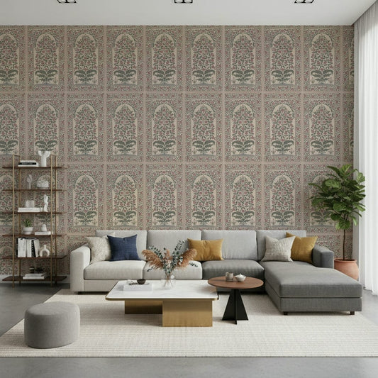 Living room finished with Mughal Bloom Arches wall mural in soft floral arch panels
