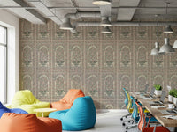 Office corner paired with Mughal Bloom Arches wall mural in a calm arched pattern