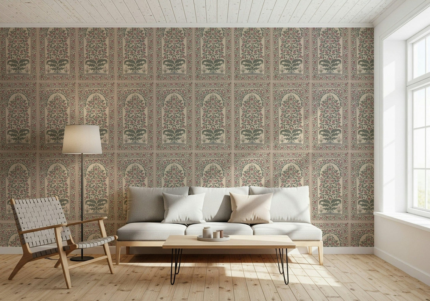 Entryway view with Mughal Bloom Arches wall mural across neat repeated arch forms