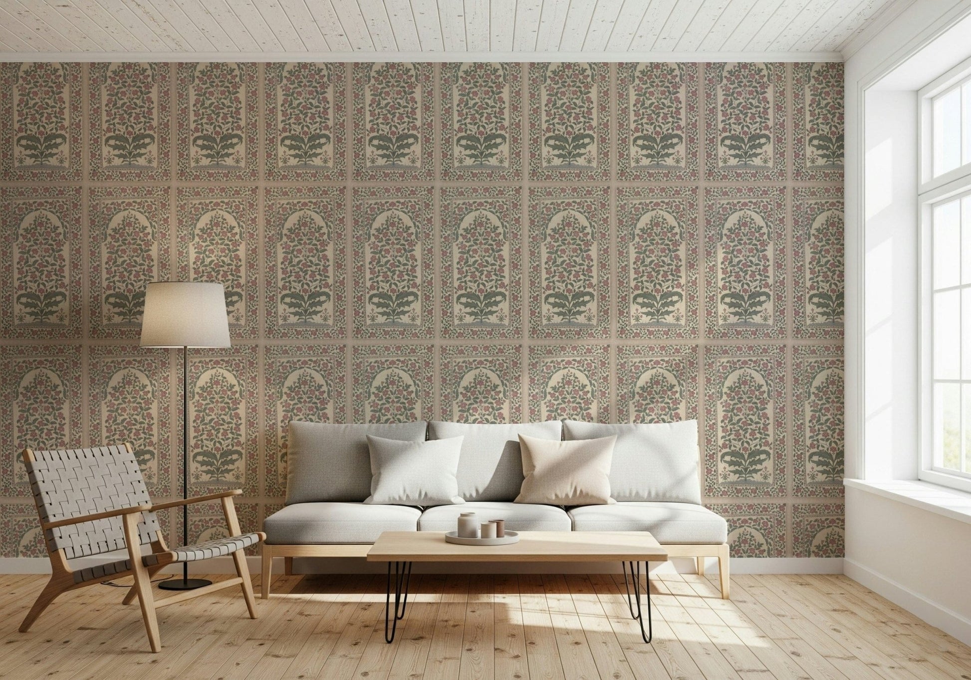 Entryway view with Mughal Bloom Arches wall mural across neat repeated arch forms