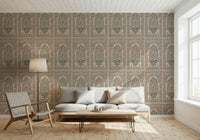 Entryway view with Mughal Bloom Arches wall mural across neat repeated arch forms