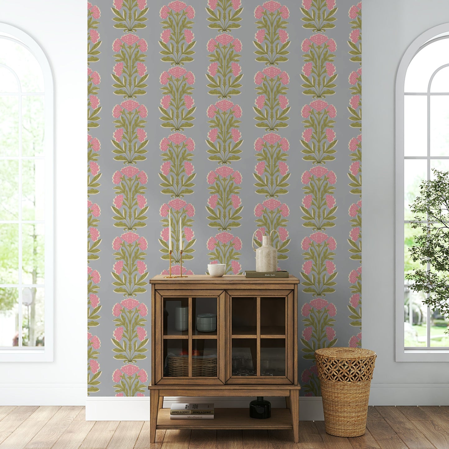 A wall mural of a symmetrical floral pattern.

