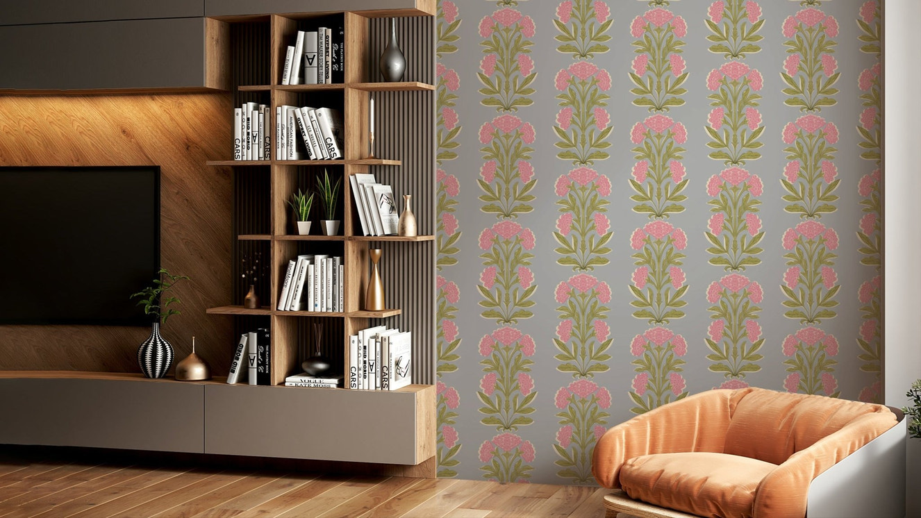 The colors are soft, muted tones of pink, green, and beige.

