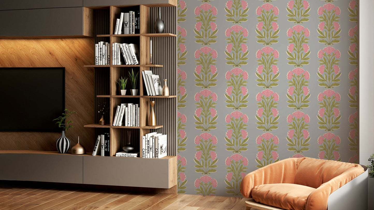 The colors are soft, muted tones of pink, green, and beige.

