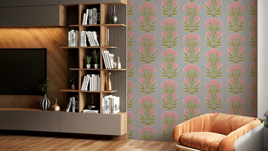 The colors are soft, muted tones of pink, green, and beige.

