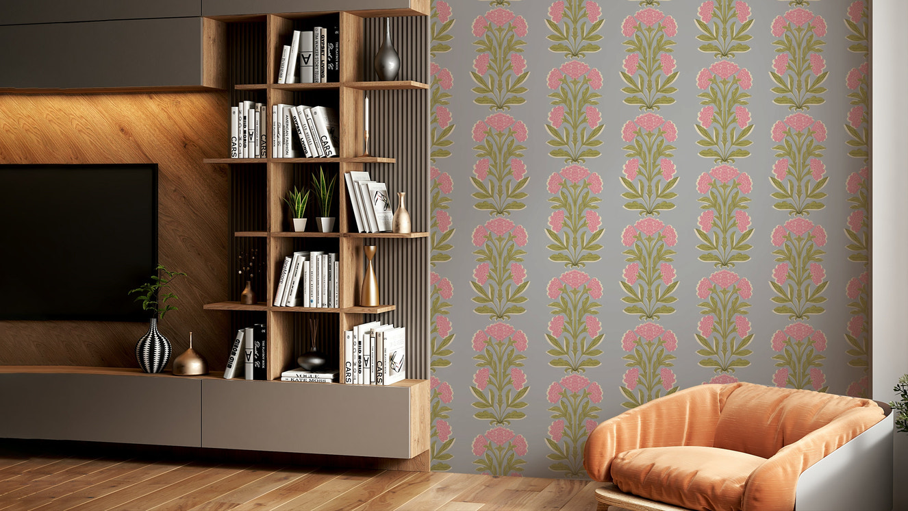 The colors are soft, muted tones of pink, green, and beige.

