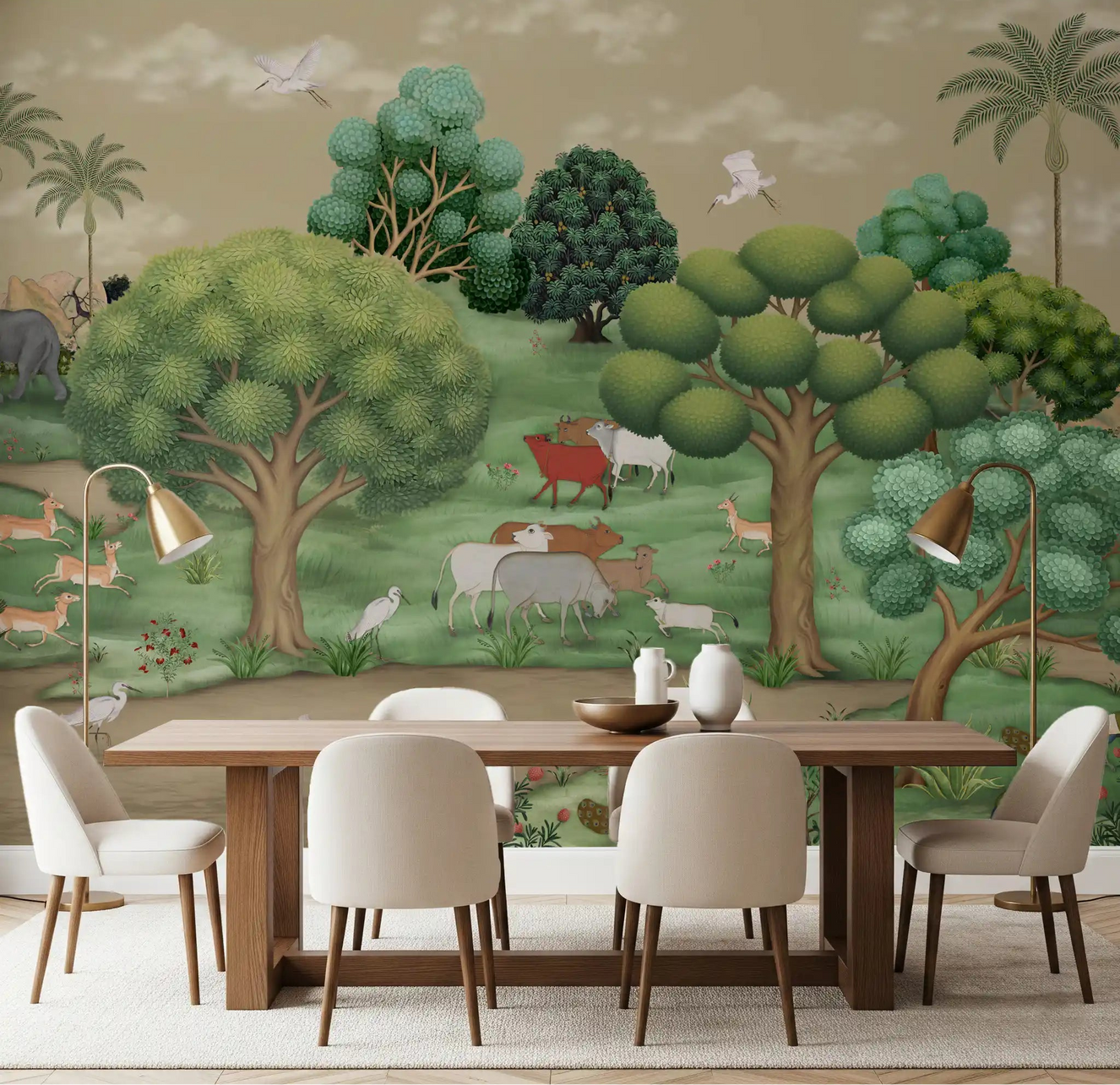 Mughal forest serenity wall mural with animals in a dining room.