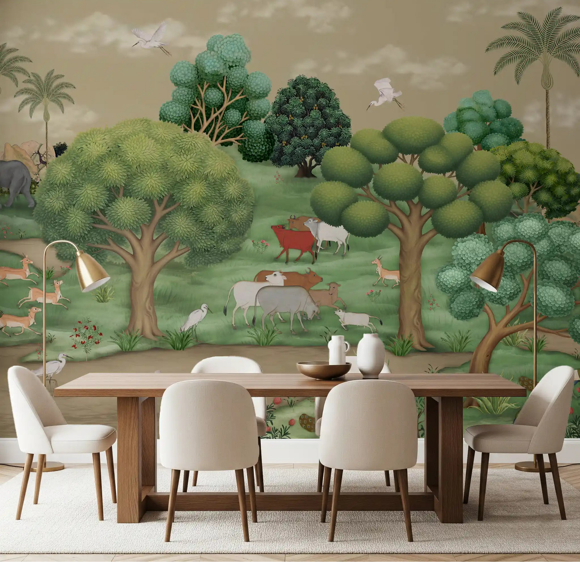 Mughal forest serenity wall mural with animals in a dining room., GD8988