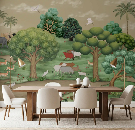 Mughal forest serenity wall mural with animals in a dining room., GD8988