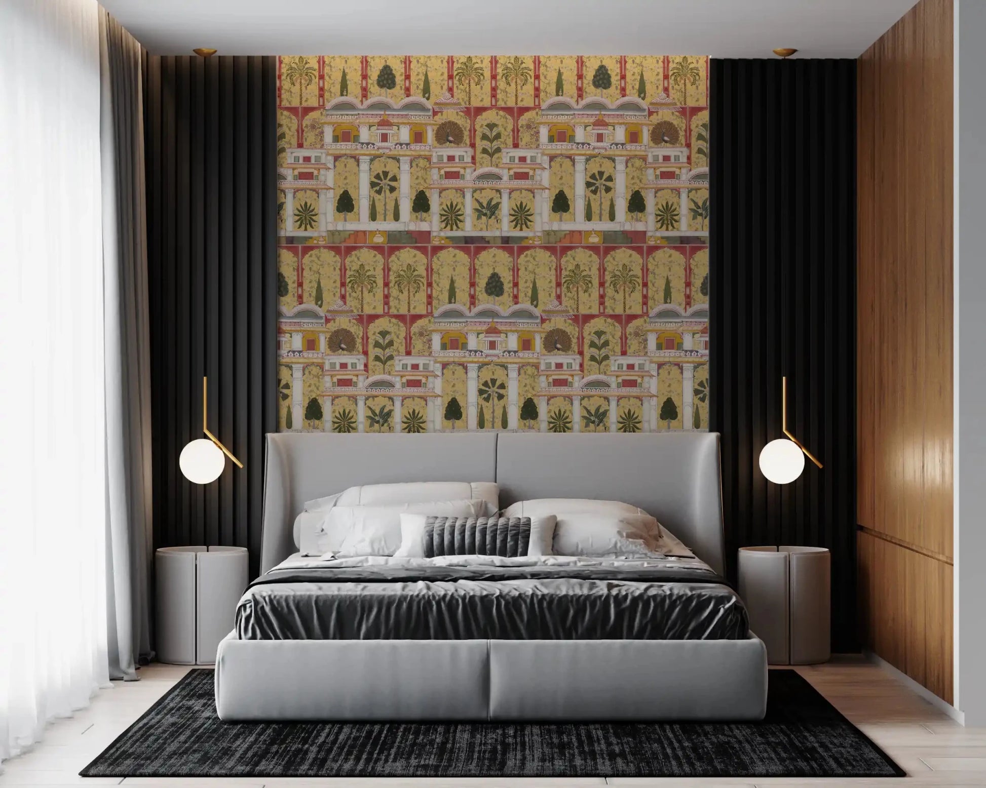 Intricate traditional architecture wall mural displayed in a bedroom., GD8990