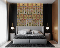 Intricate traditional architecture wall mural displayed in a bedroom., GD8990