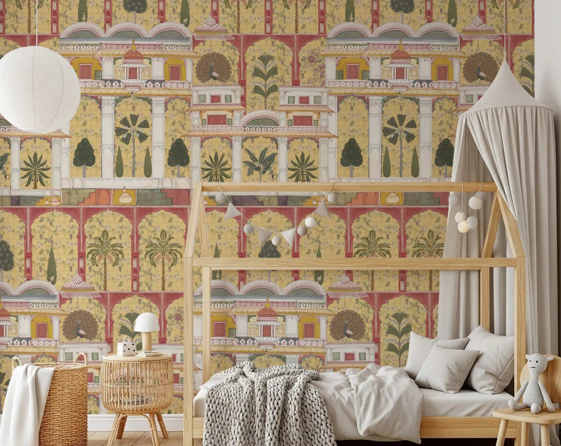 Mughal Garden Grandeur Wall Mural with red arches in a nursery., GD8990