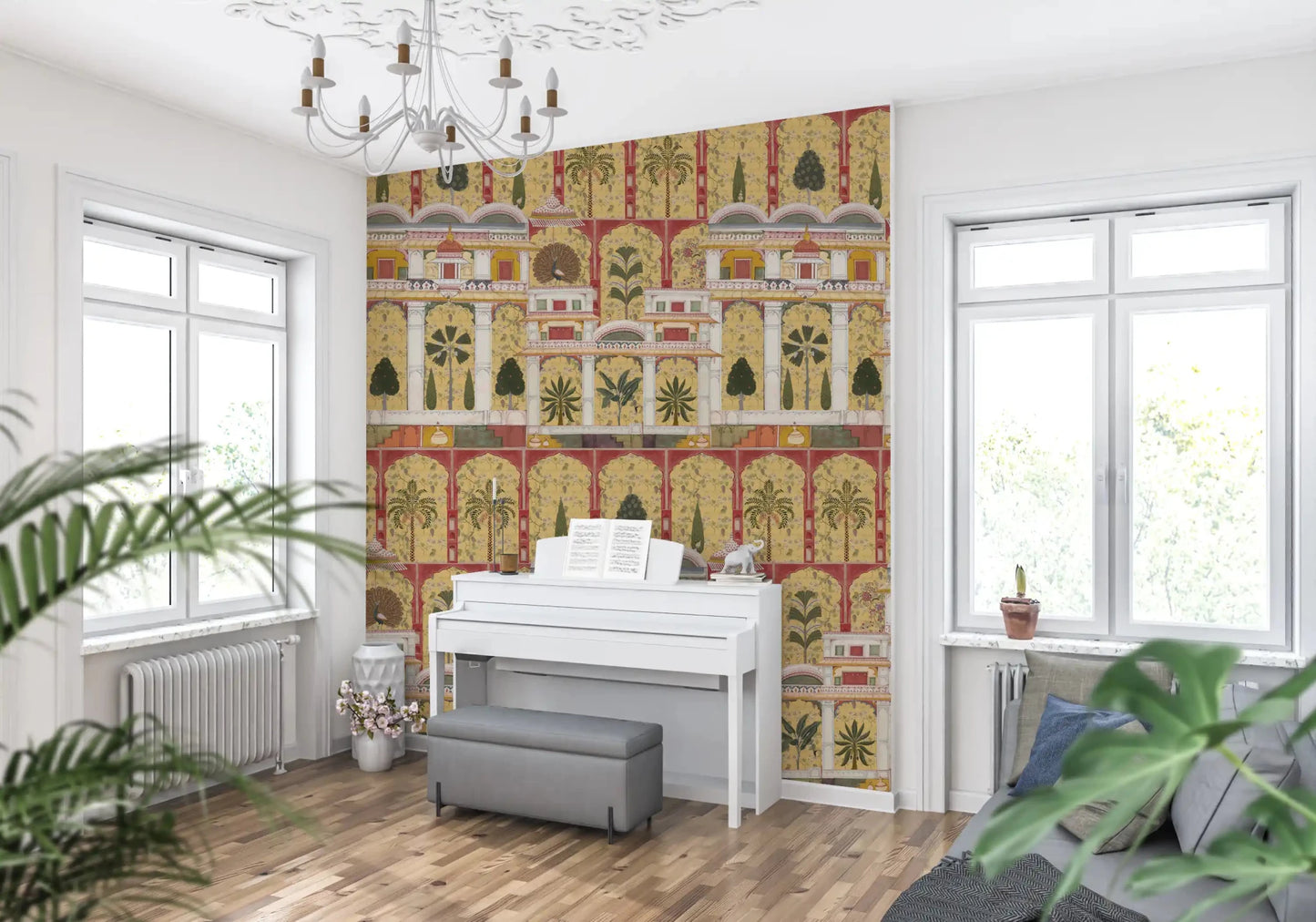 Red and yellow Mughal garden wall mural theme for a music room., GD8990