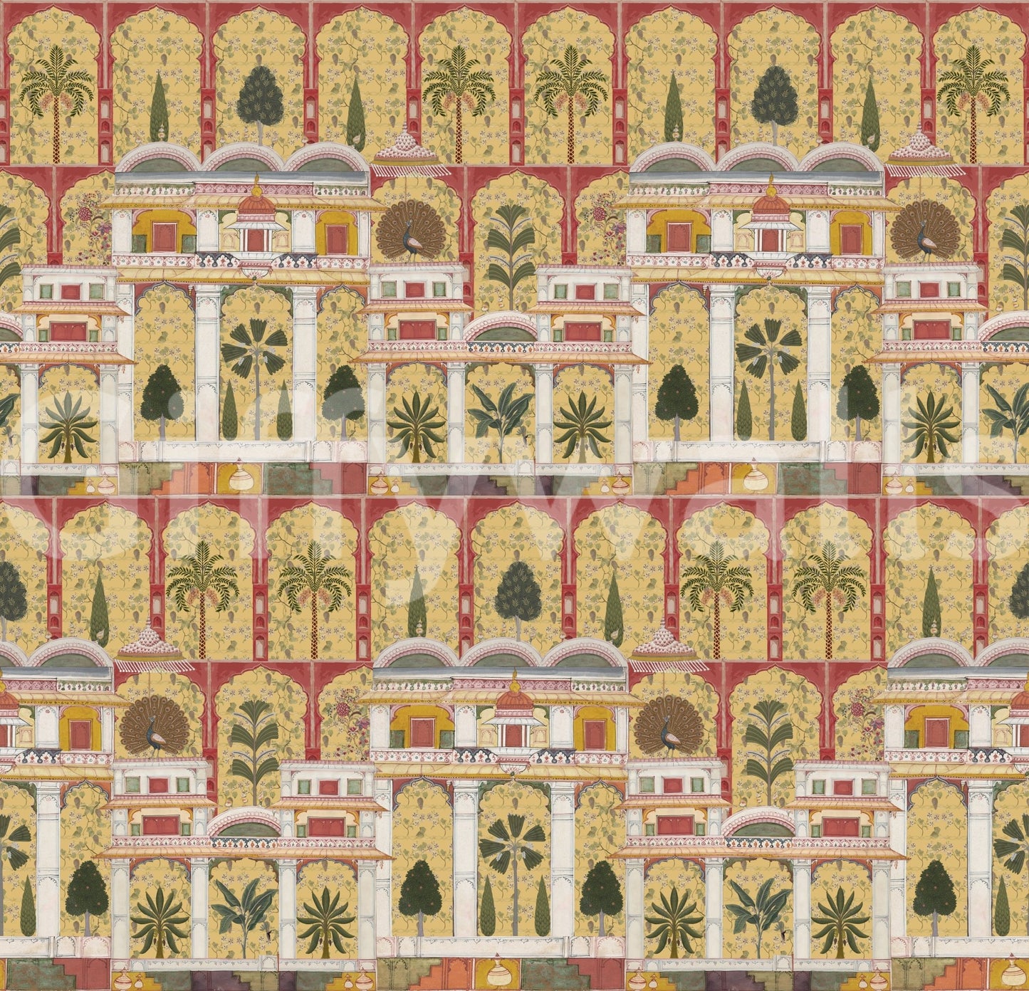 Detailed palm trees and garden motifs on a wall mural design., GD8990