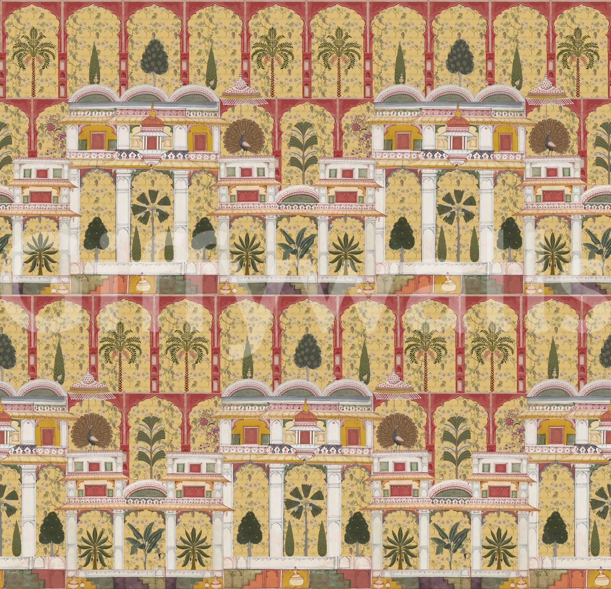 Detailed palm trees and garden motifs on a wall mural design., GD8990