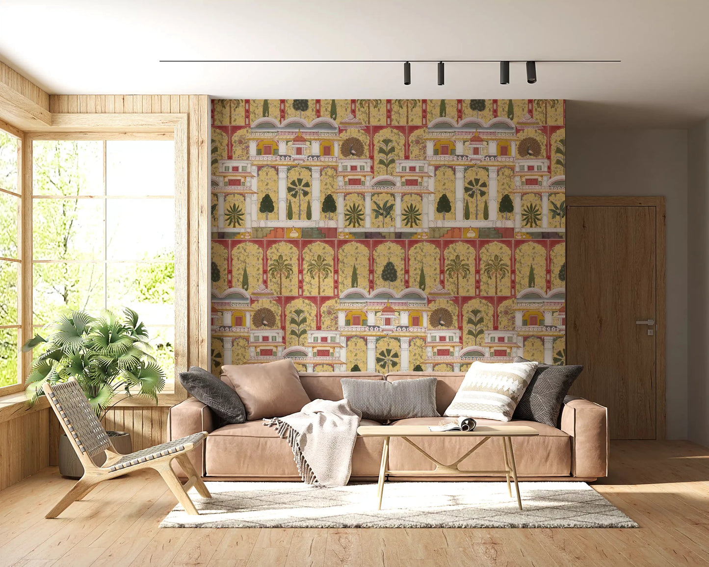 Yellow palace garden wall mural design applied to a living room., GD8990