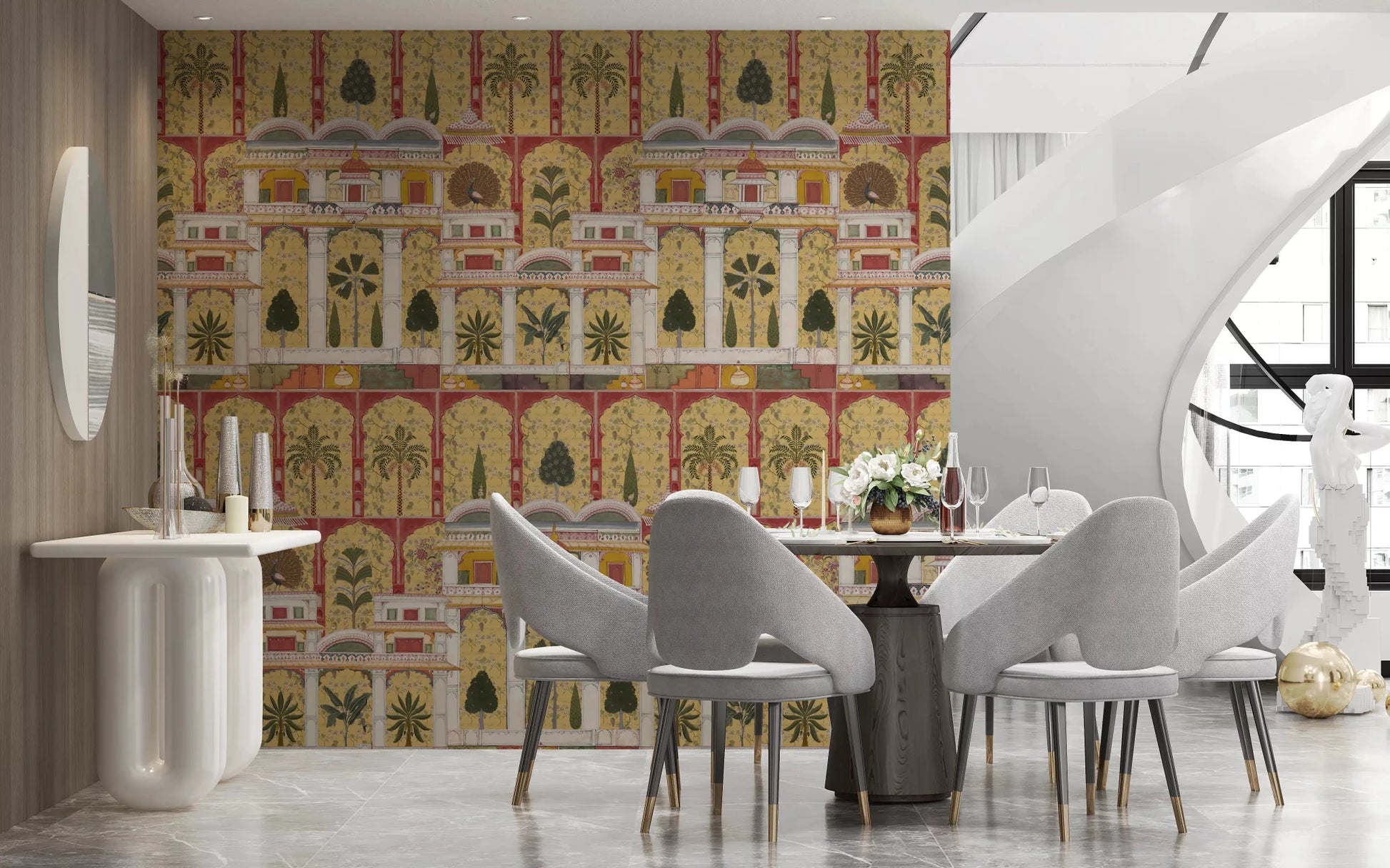 Colorful palace architecture wall mural pattern in a dining room., GD8990