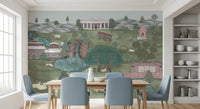 Blue chair dining corner framed by Mughal Garden & Wildlife Vista Wall Mural