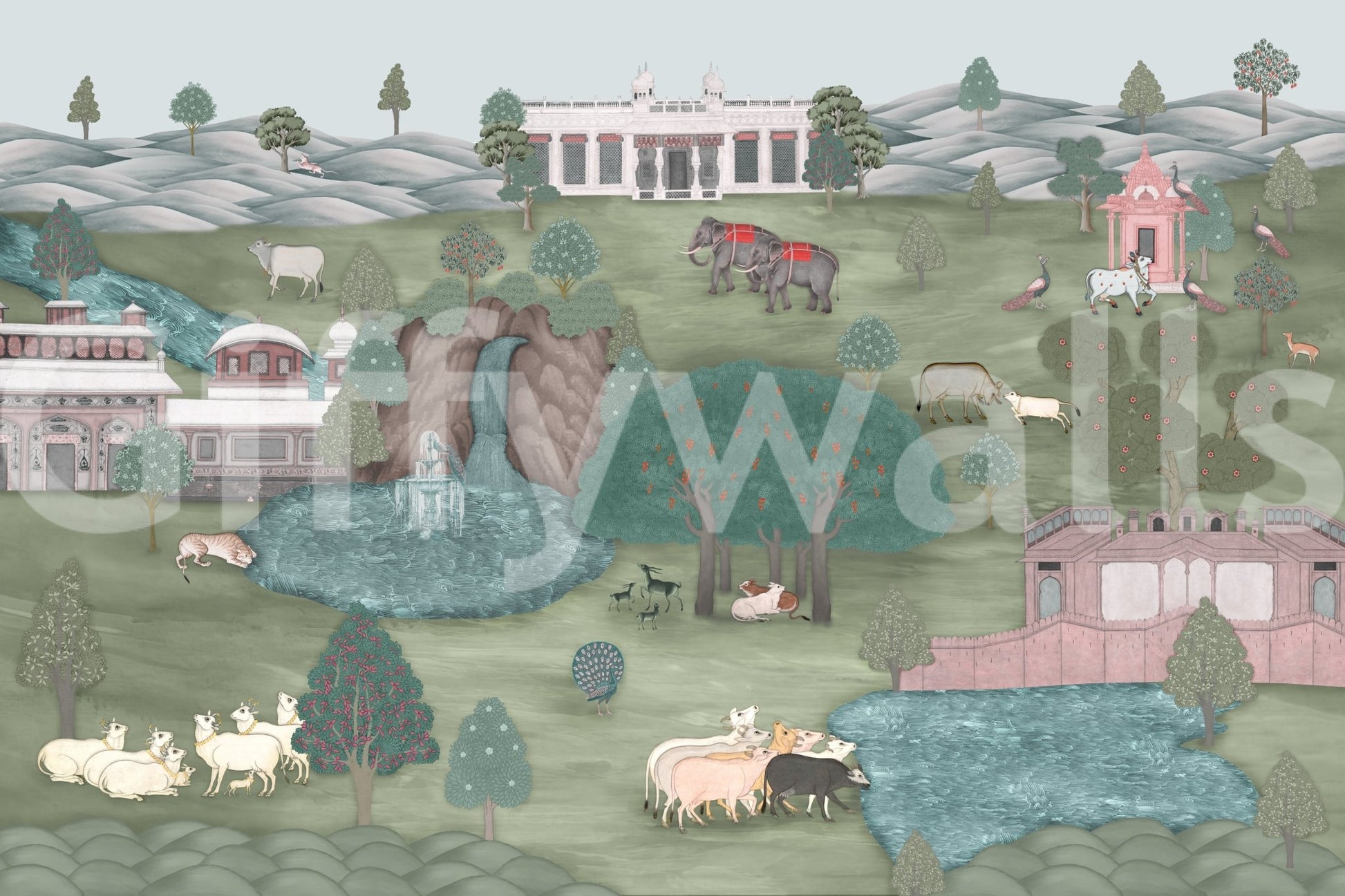 Heritage-rich Mughal Garden & Wildlife Vista Wall Mural in a scenic garden setting