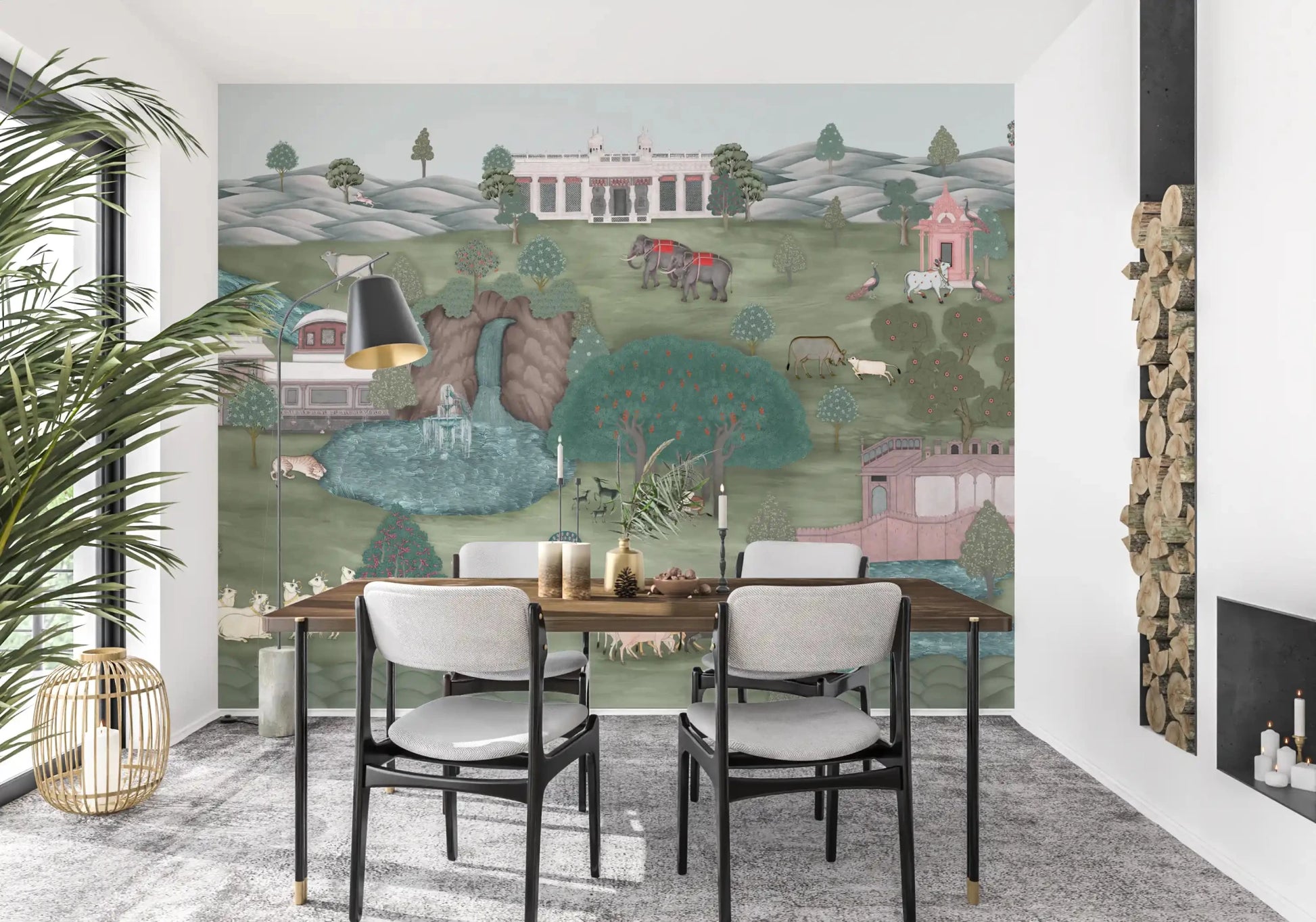 Round dining spot finished with Mughal Garden & Wildlife Vista Wall Mural