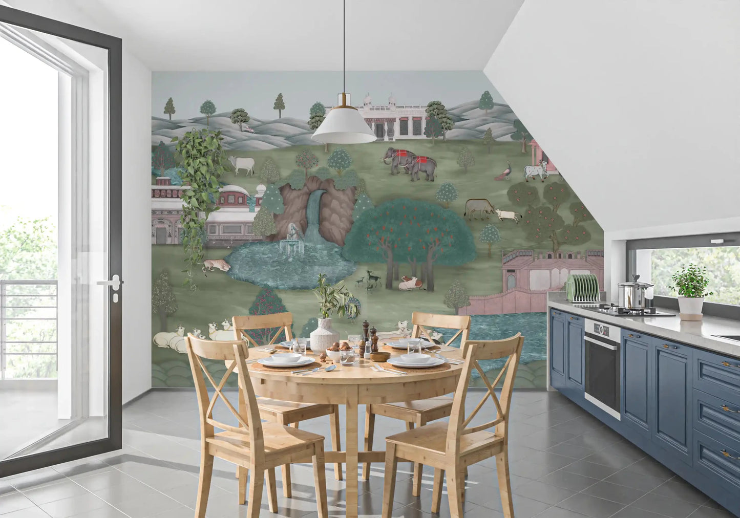 Sloped ceiling dining nook featuring Mughal Garden & Wildlife Vista Wall Mural