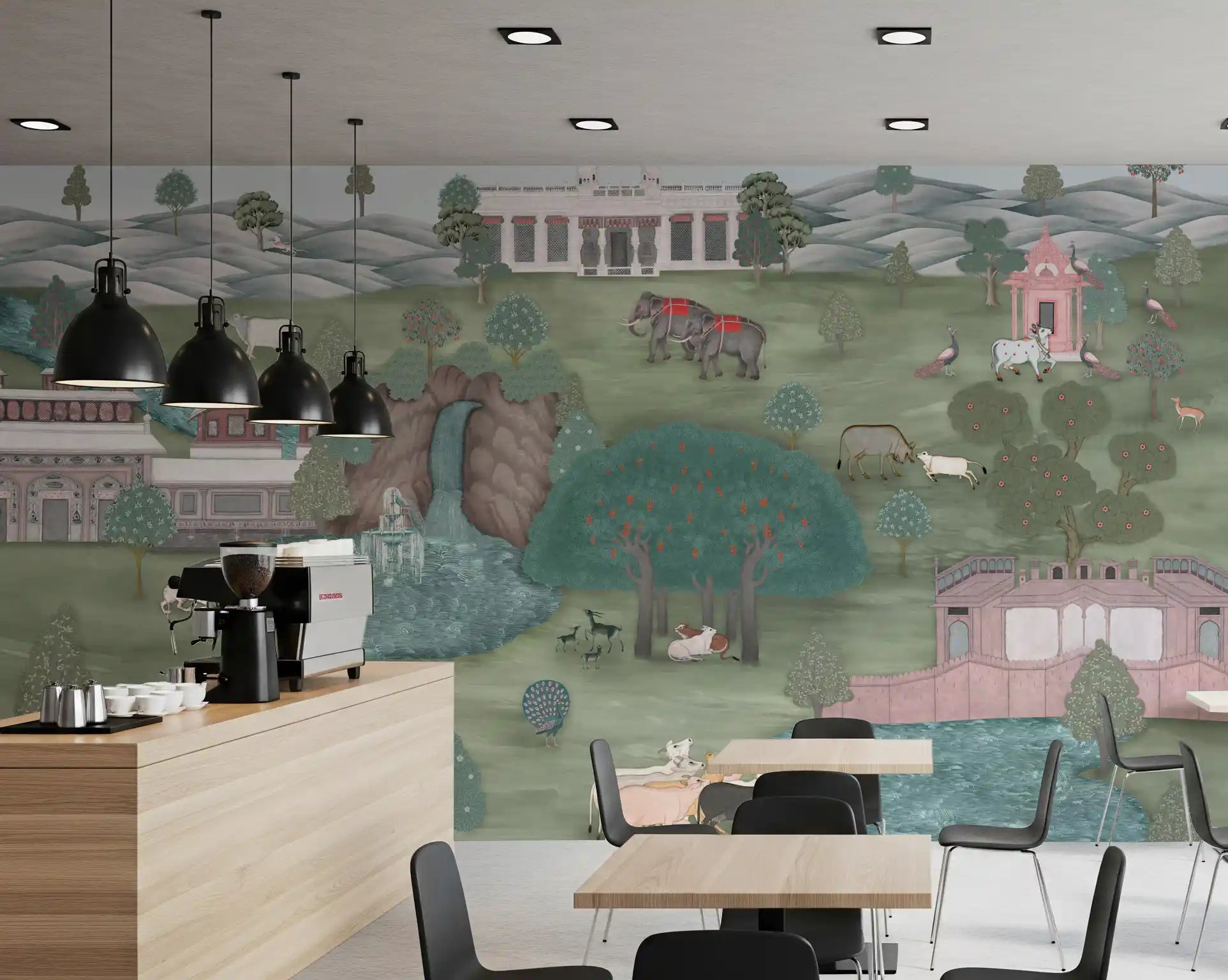 Café  lounge styled with Mughal Garden & Wildlife Vista Wall Mural