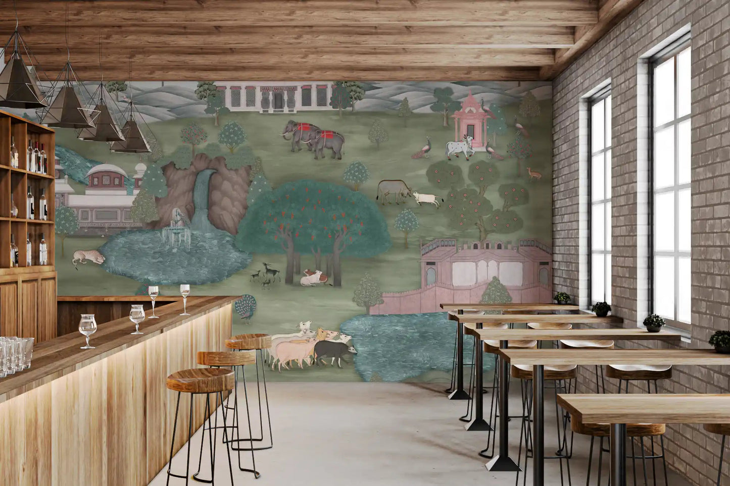 restaurants dining area with Mughal Garden & Wildlife Vista Wall Mural