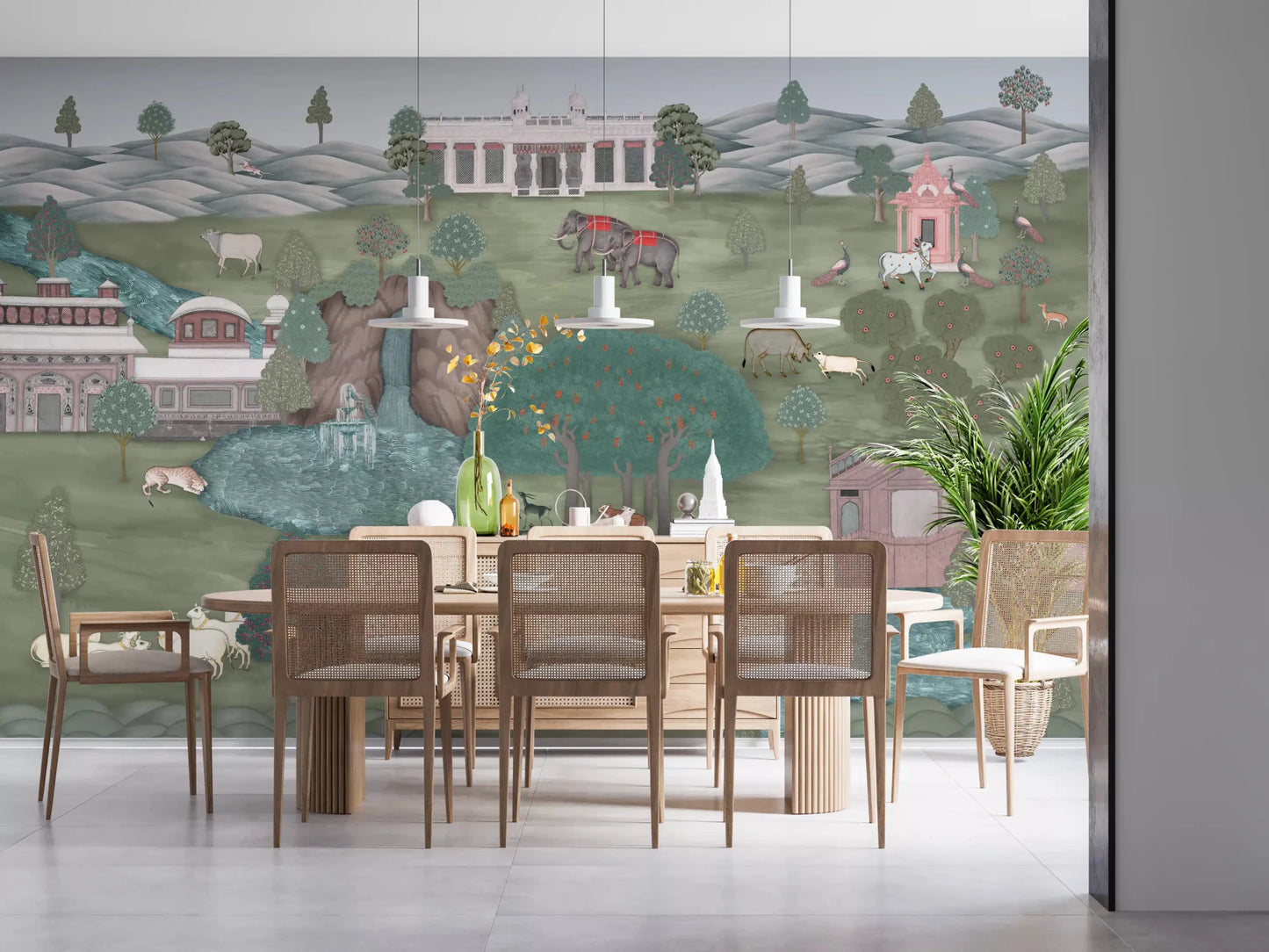 Sunlit dining room opened up by Mughal Garden & Wildlife Vista Wall Mural
