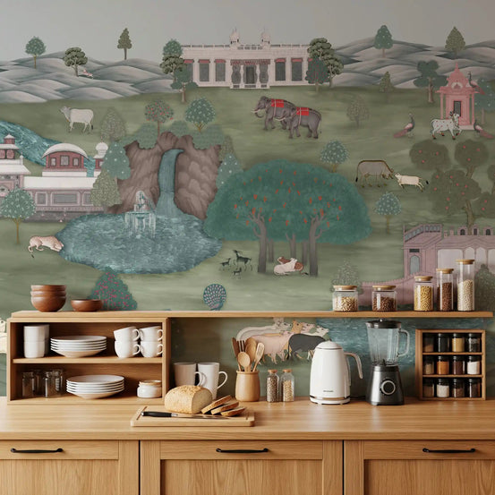 Mughal Garden & Wildlife Vista Wall Mural above a warm wooden kitchen counter, GD8953