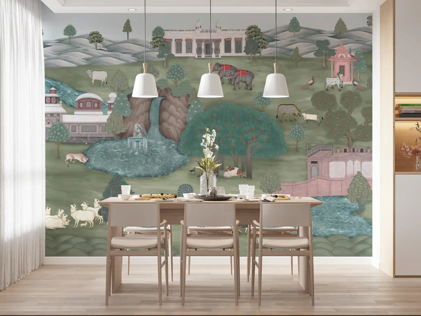 Bright dining setup paired with Mughal Garden & Wildlife Vista Wall Mural