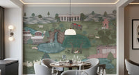 Mughal Garden & Wildlife Vista Wall Mural behind a calm bath and vanity space