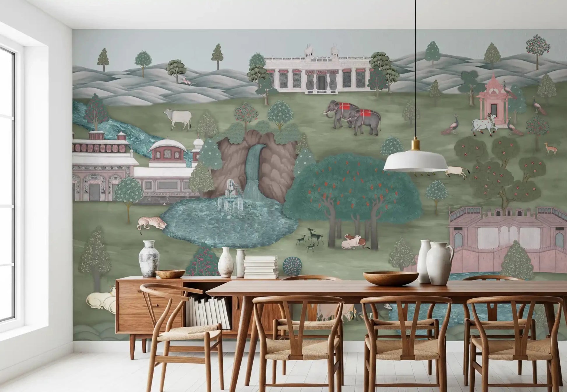 Wooden dining table set before Mughal Garden & Wildlife Vista Wall Mural