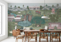 Wooden dining table set before Mughal Garden & Wildlife Vista Wall Mural