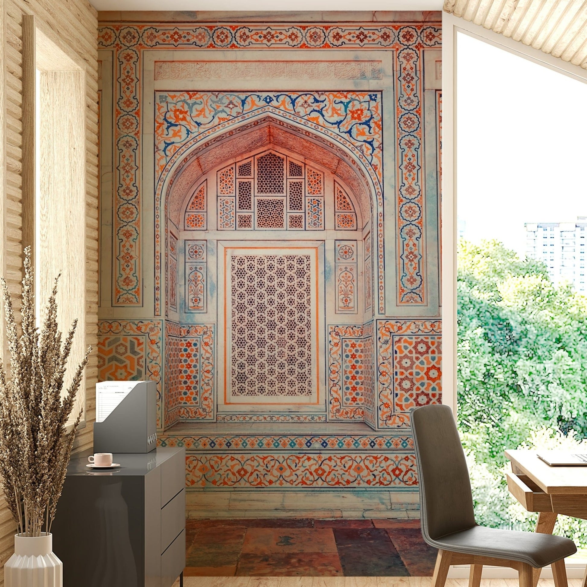 Ornate Mughal arch and floral tile work

