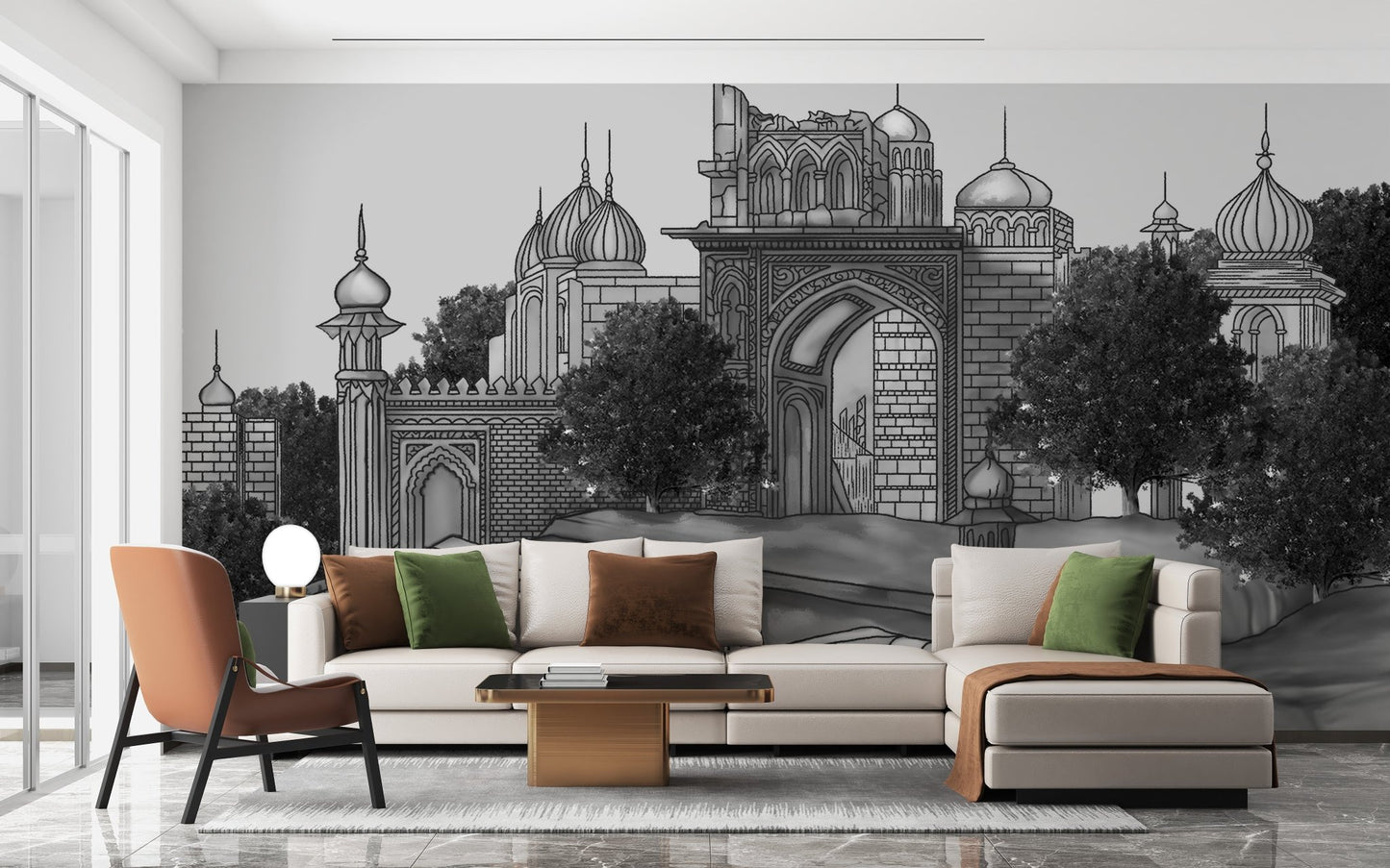 Mughal palace mural featuring intricate architectural details A861