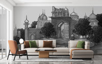 Mughal palace mural featuring intricate architectural details A861