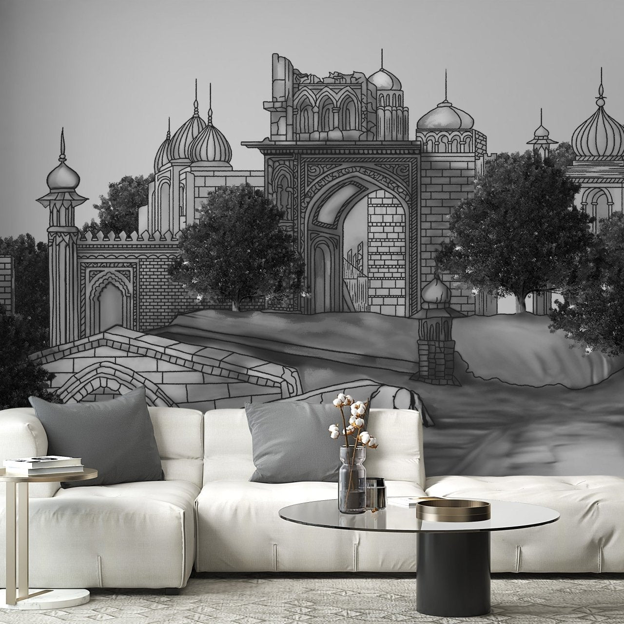 Black-and-white Mughal architecture wallpaper A861