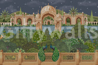 Mughal-era architectural wall mural in moonlight with intricate ornamentation