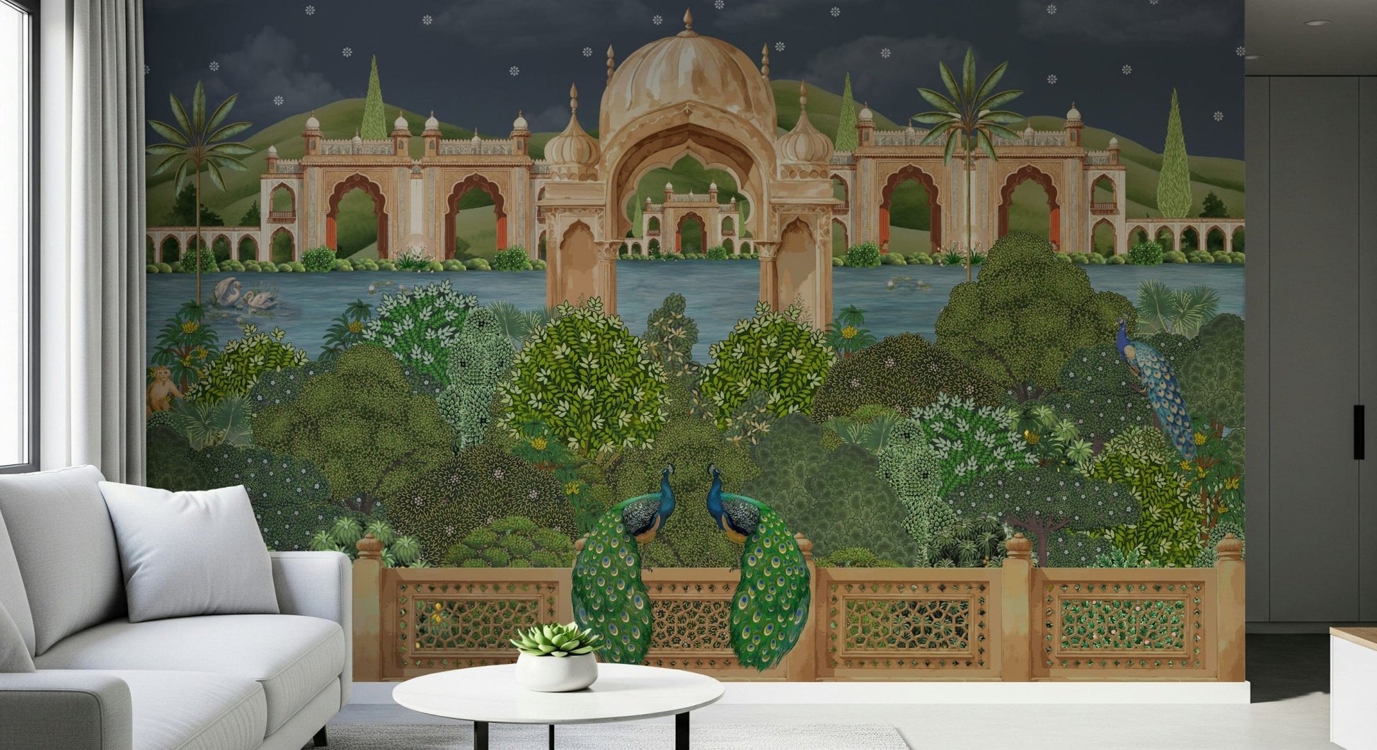Moonlit Mughal courtyard wall mural with ornate patterns and subtle shading