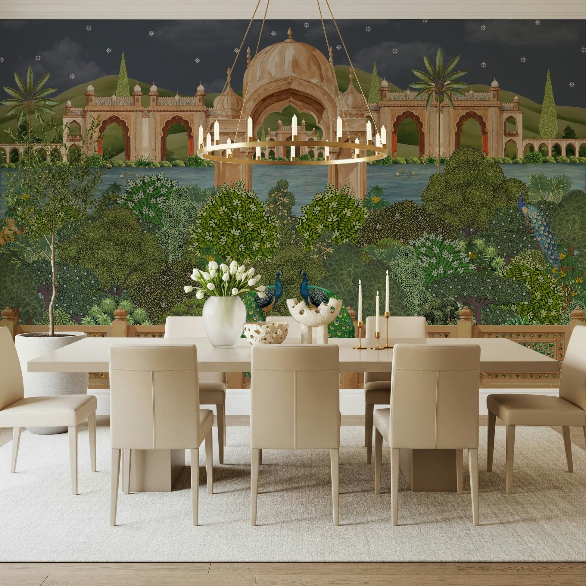 Mughal-inspired wall mural showing a peaceful night scene with domes and arches