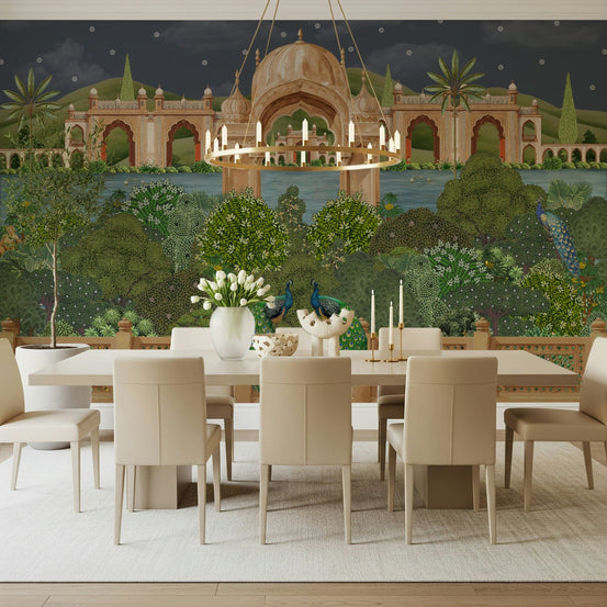 Mughal-inspired wall mural showing a peaceful night scene with domes and arches, GD7535
