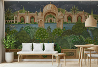 Detailed Mughal architecture mural under a calm moonlight sky