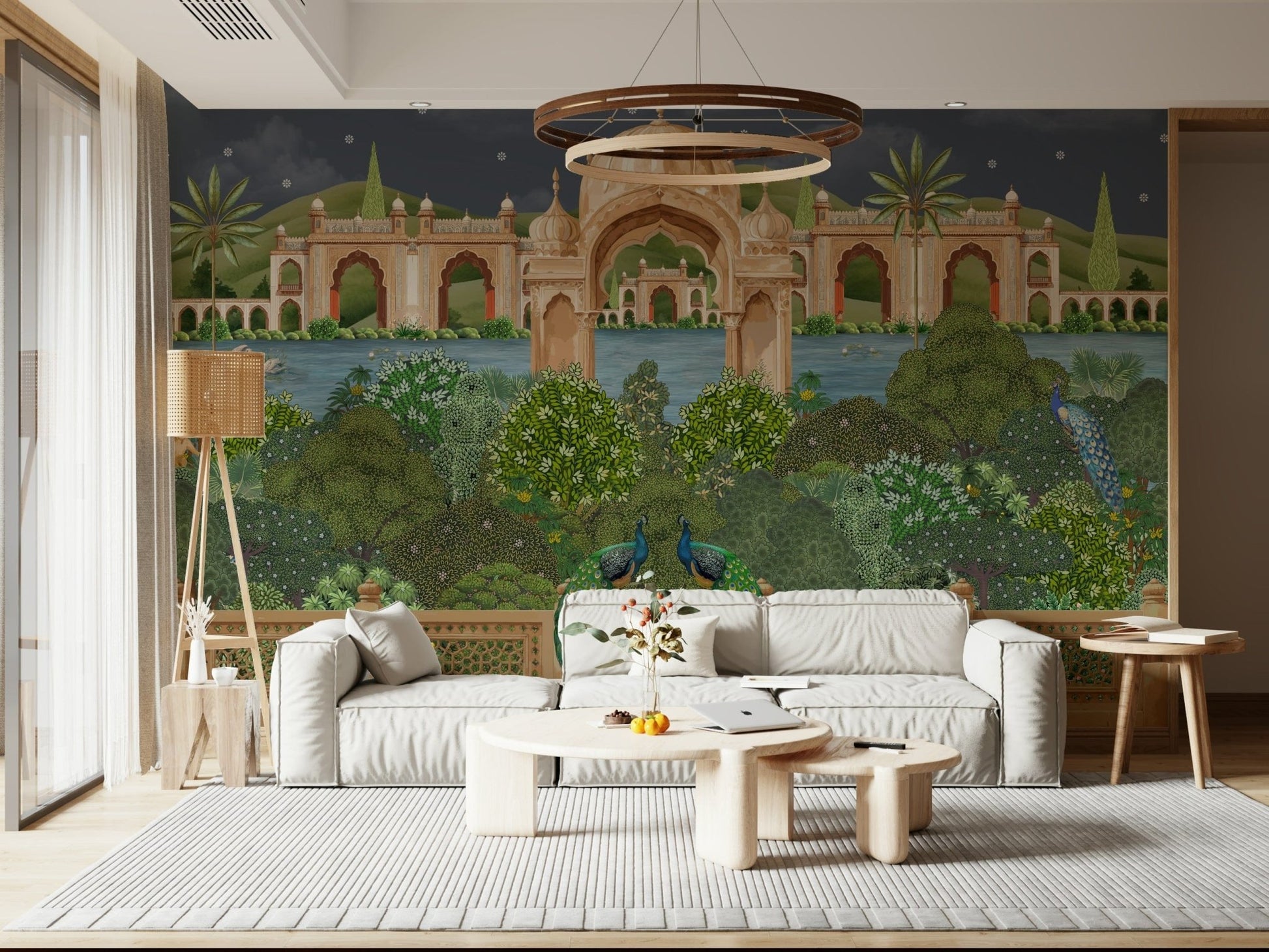 Elegant Mughal motif wall mural featuring moonlight and floral detailing