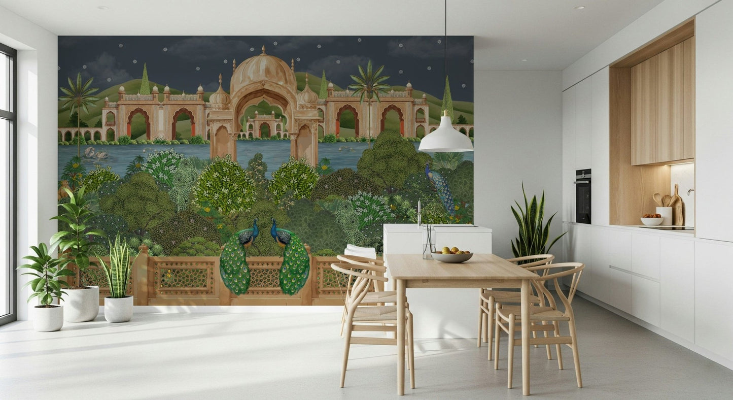 Classic Mughal design wall mural with night sky elements and fine linework
