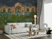 Mughal garden scene wall mural with moonlight glow and traditional borders