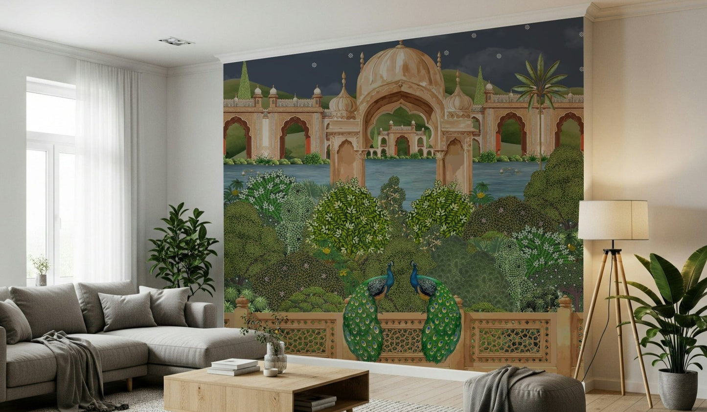 Mughal-inspired moonlit garden wall mural with arches and soft night tones
