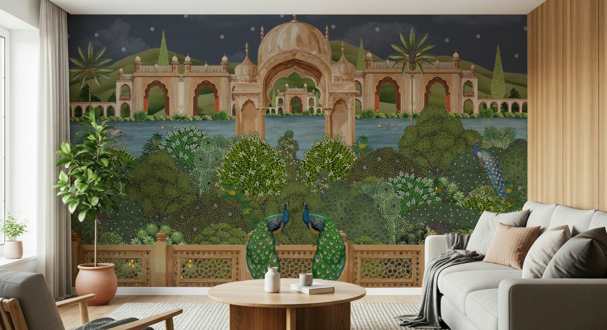 Textured Mughal pattern wall mural with moonlit highlights and warm accents