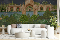 Moonlit Mughal courtyard wall mural with ornate patterns and subtle shading